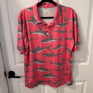 Obnoxious Golf Polo Shirt‎ Mens Pink, Shark All Over Print AOP Golfing Sz Medium